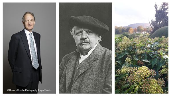 3 images: Lord Reay (middle aged man in a suit), Karel Klic (older man wearing a beret), and a garden designed by Thomas Mawson.